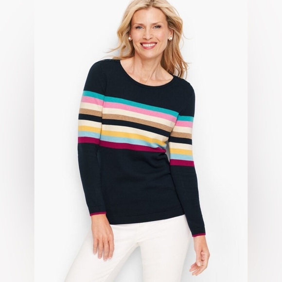 NEW‎ Talbots Women Sweater Large Petite Navy Blue Stripe Multicolor Nautical - Picture 1 of 13